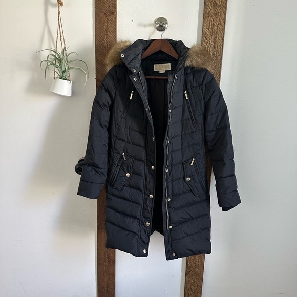 Michael Michael Kors Women Black Down Puffer Winter Coat Faux Fur Trim Hood PXXS - Picture 2 of 16